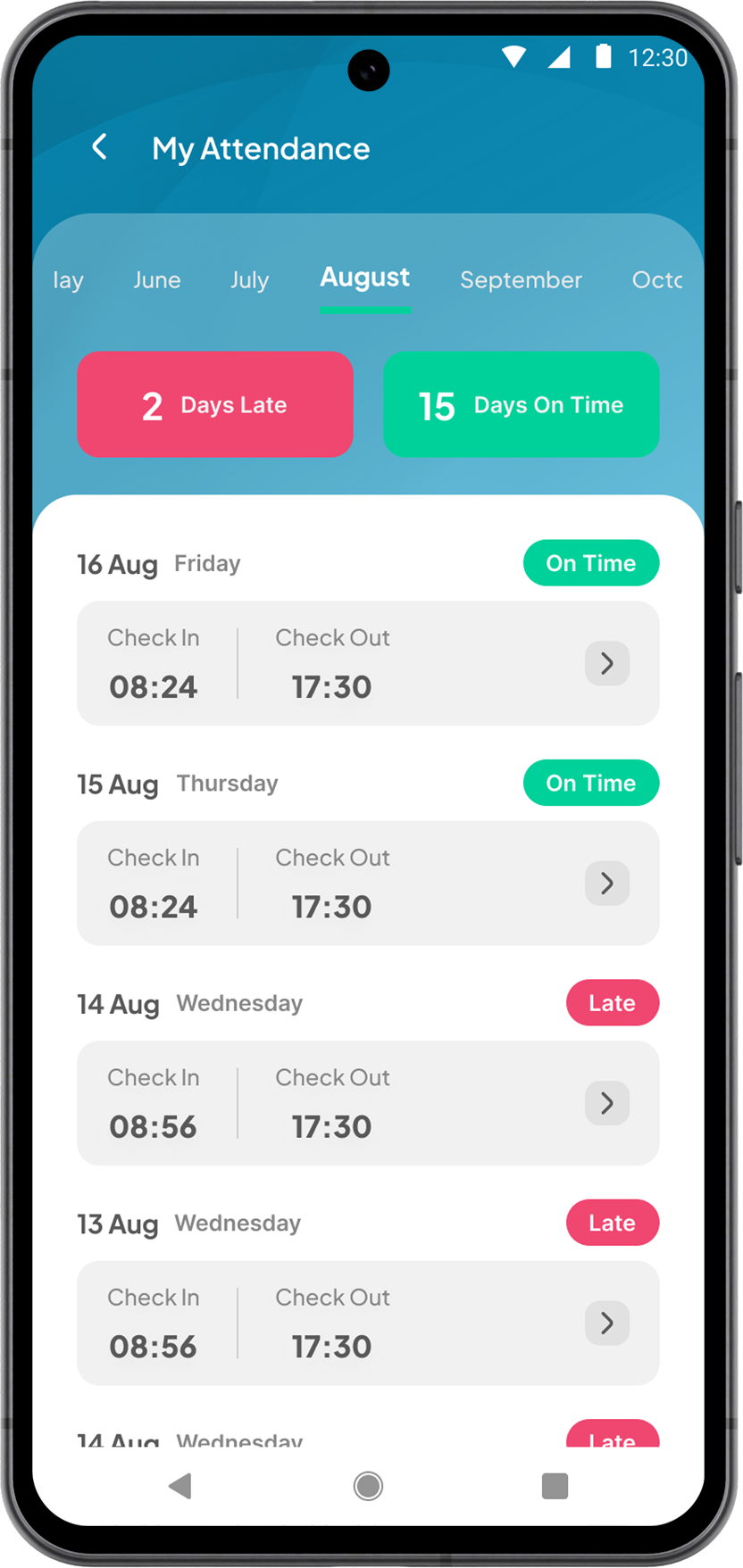 Layar absen masuk KompakApps